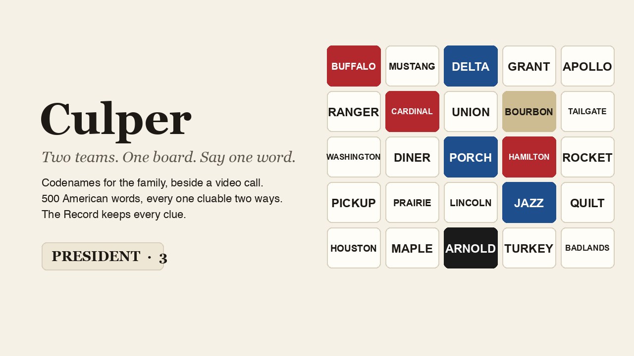 A five by five word board with red, blue and tan tiles revealed